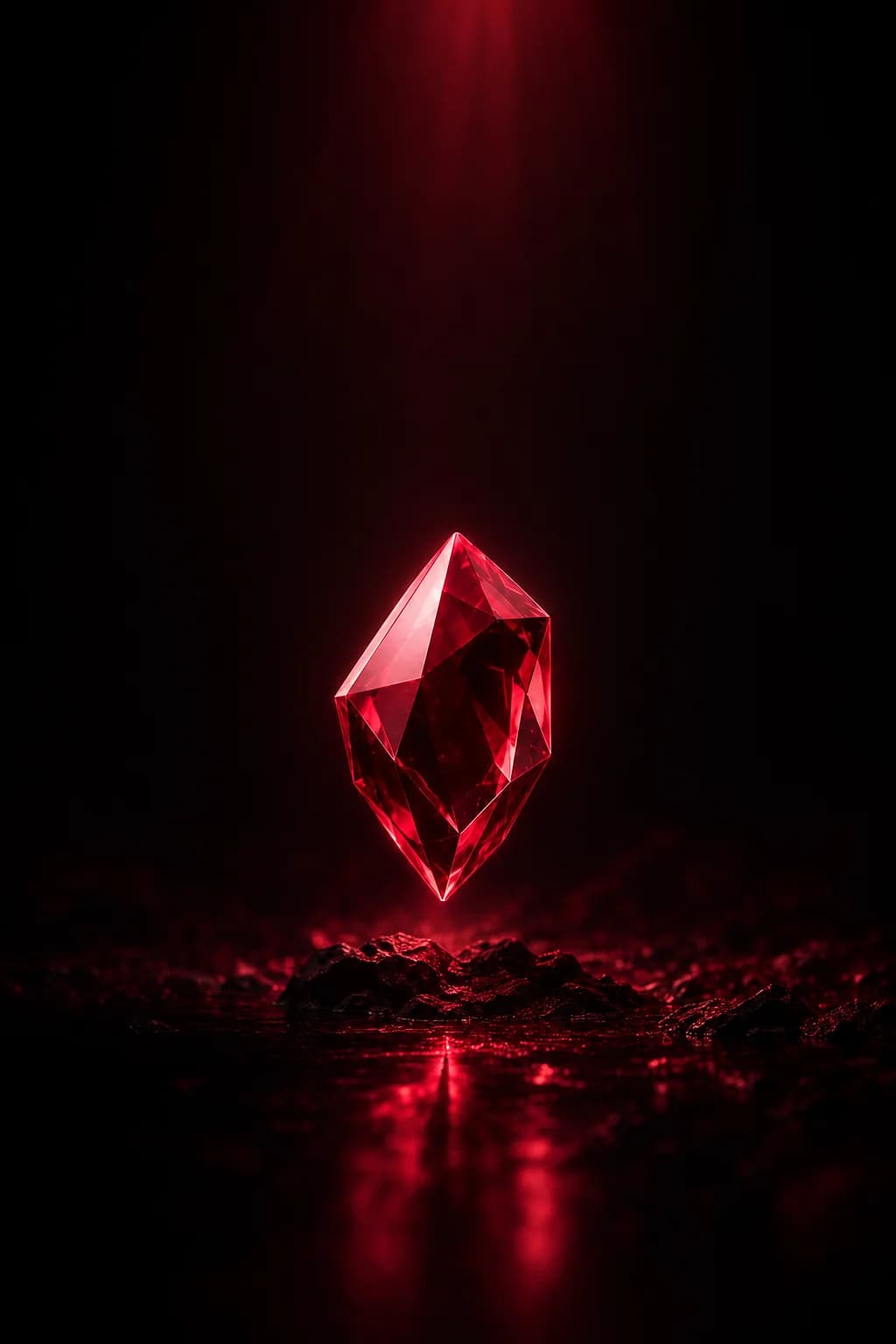 An illuminated ruby resting on dark rocks